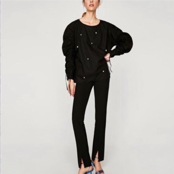 Zara black sz m ruched long sleeves blouse top shirt embellished with pearls - Picture 1 of 5